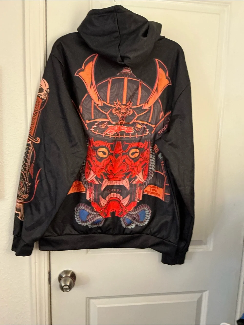 Caskey Black Graphic Hoodie Samurai Mask Theme Full Back Print Men's XL NWOT